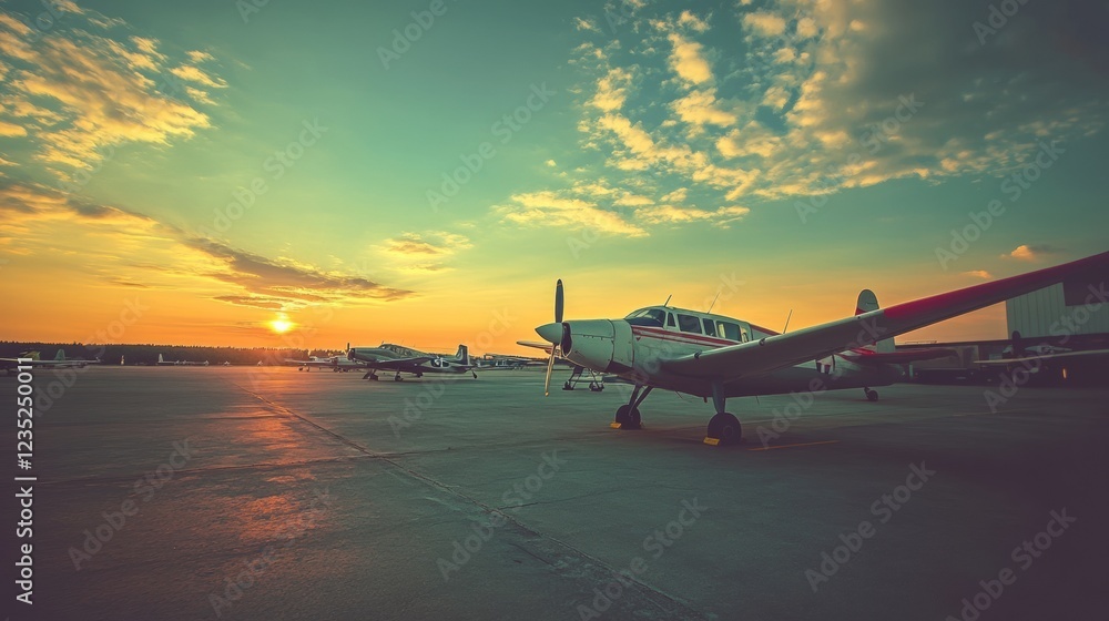 Aufkleber retro airplanes lined up on an airfield at sunset create a nostalgic view of aviation history and ch