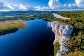 Aerial View of Serene River and Cliff Landscape