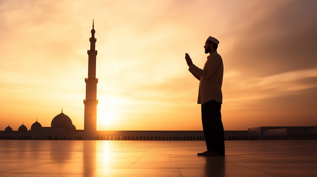 Silhouette of religious muslim man praying with raised hands in front of Sheikh Zayed Grand Mosque at sunrise, Abu Dhabi, United Arab Emirates - Powered by Adobe