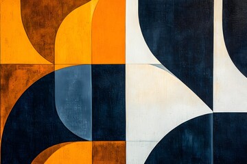 Abstract Geometric Art Modern Canvas Painting with Orange Blue and White Curves