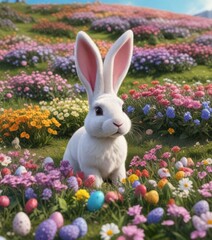 Easter bunny ears sit on a hill amidst colorful flowers background with scattered easter eggs,  spring decoration,  springtime