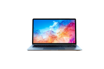 Laptop with frameless blank screen mockup template on the table in industrial office loft interior