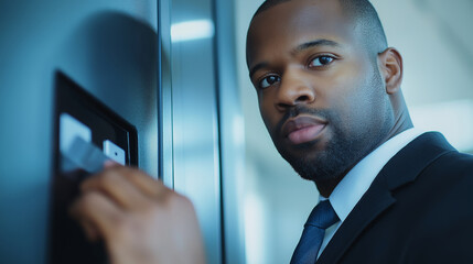 African American businessman dressed in a suit and tie, inserting a corporate card into an ATM, conducting a financial transaction with precision and professionalism