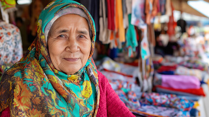 Obraz premium Cheerful senior Muslim craftswoman wearing a colorful hijab smiles while selling handcrafted textiles at her vibrant stall in a bustling traditional market