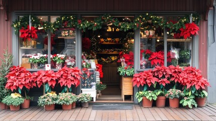 Festive Christmas Flower Shop Window Display with Poinsettias