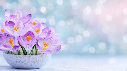 Spring crocus flowers in bowl, bokeh background, springtime arrival, greeting card