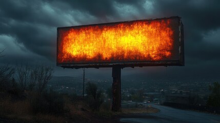Burning billboard, stormy night, highway, apocalyptic scene