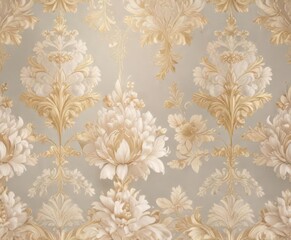 Elegant floral damask seamless pattern with subtle gold accents and soft pastel colors,  background,  design
