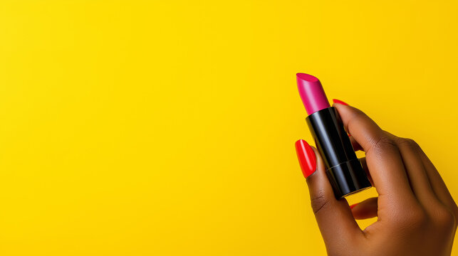 Hand with red nail polish holding a pink lipstick against a vibrant yellow background, creating a striking contrast and showcasing beauty products