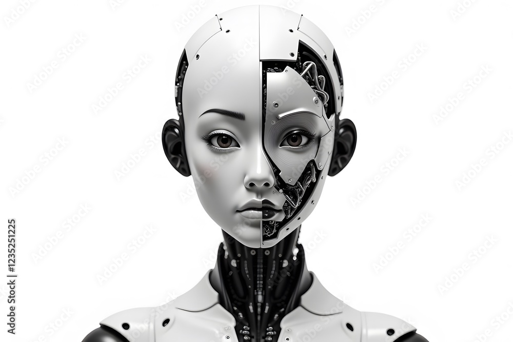 Poster futuristic female android with embedded cybernetic features