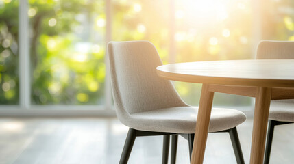 Modern dining chair with sleek design and round wooden table in a minimalist dining area with neutral tones and bright natural light coming from a large window with a blurred outdoor view
