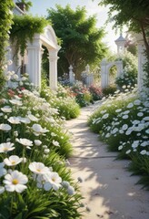 Obraz premium Elegant White Garden with Different Blooming Flowers, blooming flowers, greenery