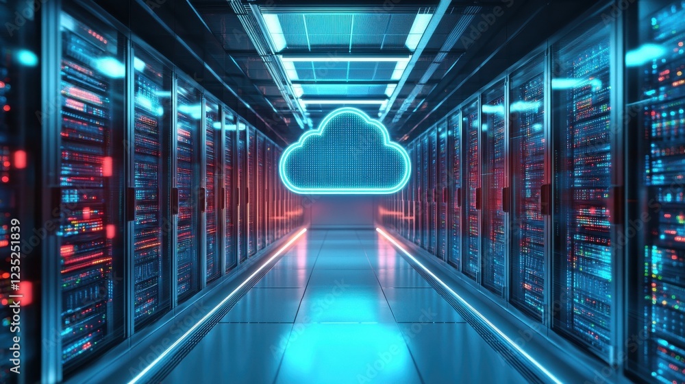 Poster a futuristic data center with a glowing cloud symbol, representing cloud computing and digital stora