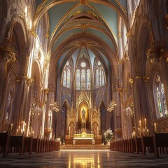 Fototapeta premium Ornate church interior, golden light
