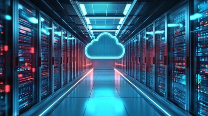 A futuristic data center with a glowing cloud symbol, representing cloud computing and digital storage technologies.