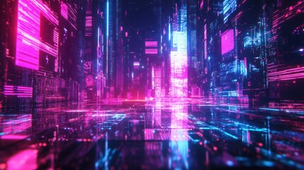Futuristic Digital Cityscape Neon Lights Glowing