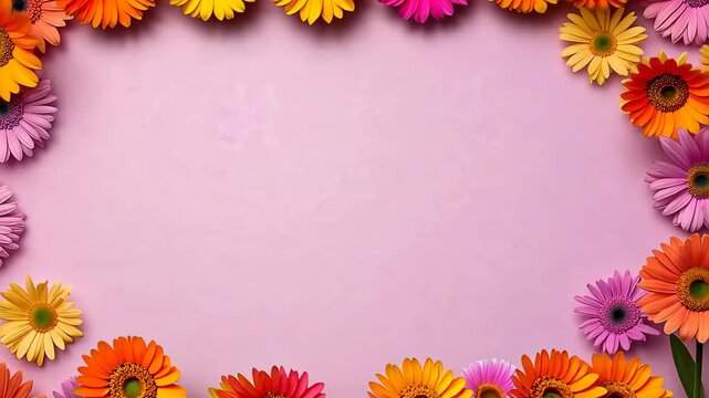 Colorful Floral Frame on Pastel Purple Background with Gerbera Daisies in Spring Arrangement for Mother&rsquo;s Day, Wedding, or Invitation Design Featuring Pink, Orange, and Yellow Flowers
