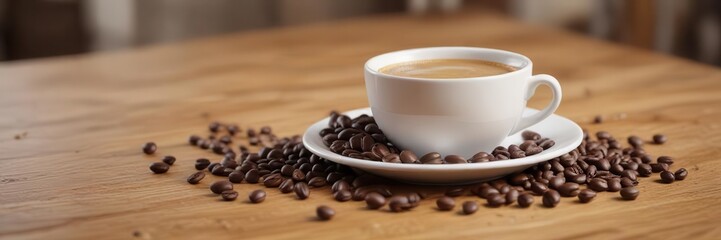 Fototapeta premium Espresso coffee cup on wooden table with beans scattered around, table, espresso
