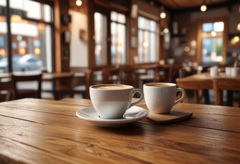 Fototapeta premium Espresso cup on wooden table at cozy cafe background, glass, brown