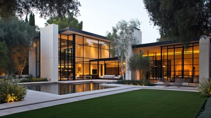 Modern Glass House with Pool and Lush Landscaping at Dusk