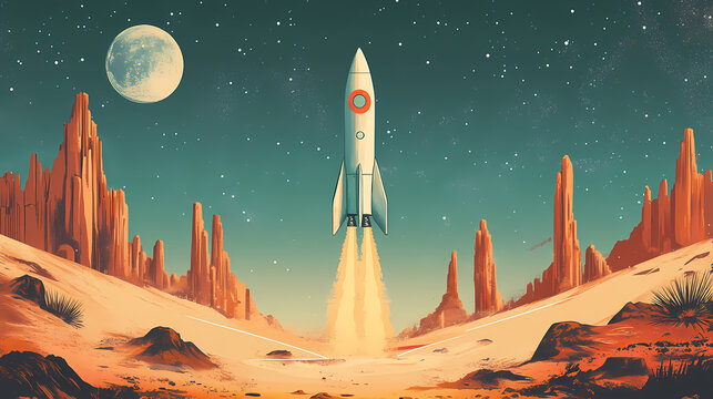 retro futuristic launch rocket