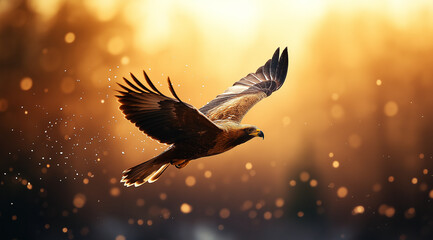 Majest&auml;tischer Adler in vollem Flug mit funkelndem bokeh Hintergrund

