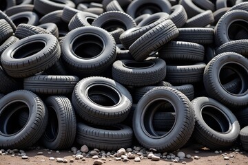 Pile of black vehicle tires on gravel ground