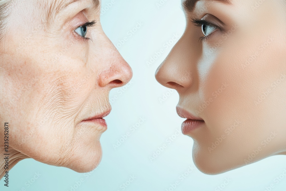 Aufkleber two faces show contrasting signs of age with one appearing youthful and the other displaying visible