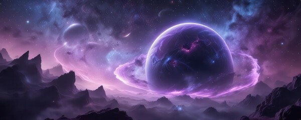 Fototapeta premium Ethereal planet with swirling purple clouds and glowing blue stars , abstract, celestial
