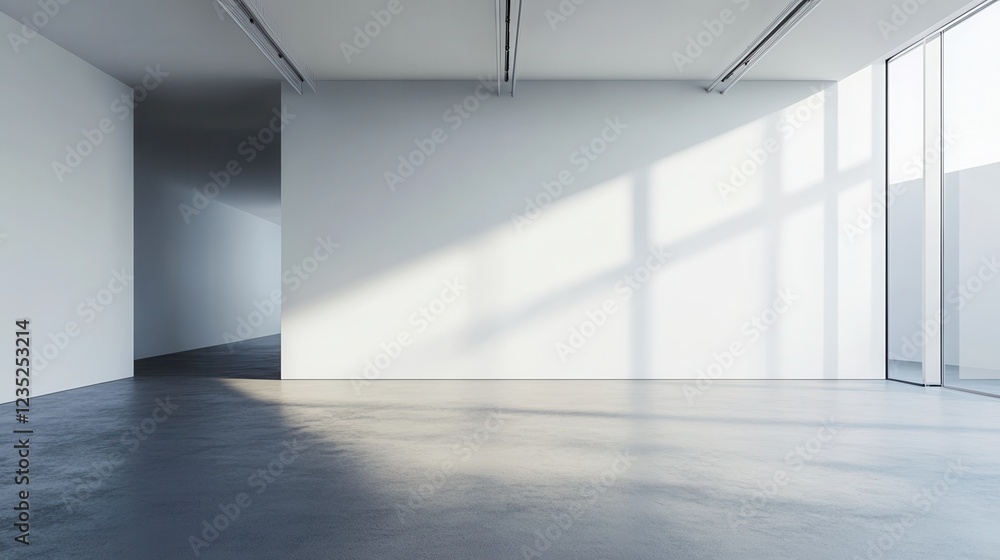 Poster big blank white wall part on concrete floor in empty light abstract hall with minimalistic interior 