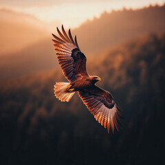 Majestätischer Adler im Flug vor einem golden-horizontlichen Hintergrund

