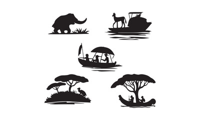 African Safari Silhouettes: Black White Minimalist Wildlife and Nature Vector Illustrations