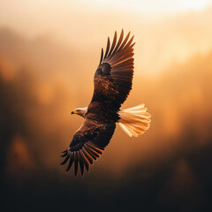 Majestätischer Adler im Flug vor einem golden-horizontlichen Hintergrund

