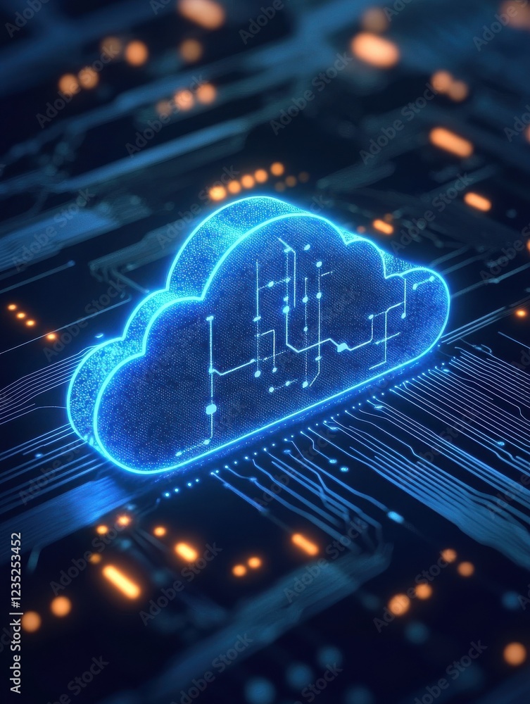 Poster cloud computing icon with circuit background, generative ai