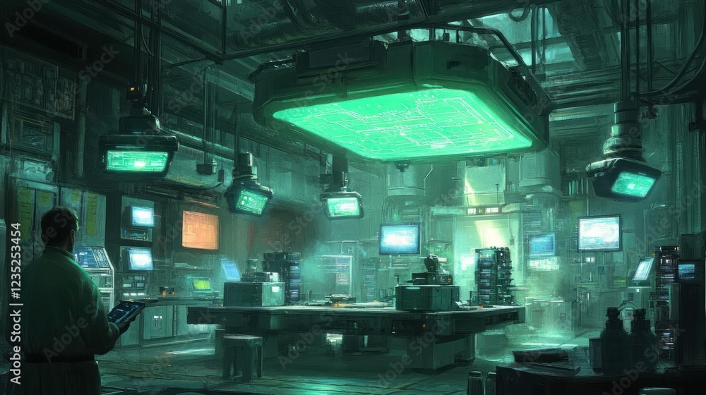 Poster Futuristic Scientist Working In A High Tech Laboratory