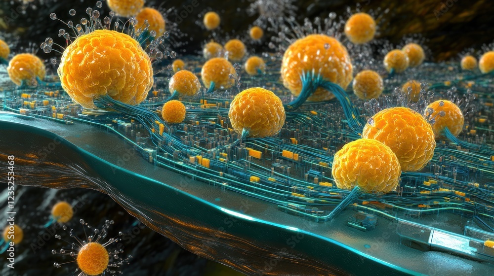 Poster microscopic organisms interacting on a circuit board surface
