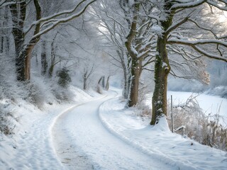 Fototapeta premium Snowy Winter Path Winding Road Trees Snow Covered Landscape Frosty Scene