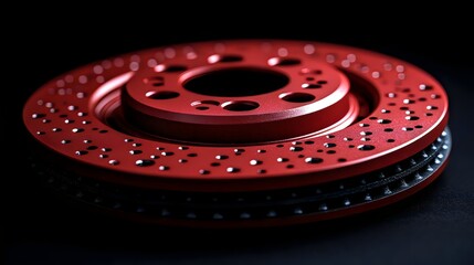 A close up of a red brake disc with black spots