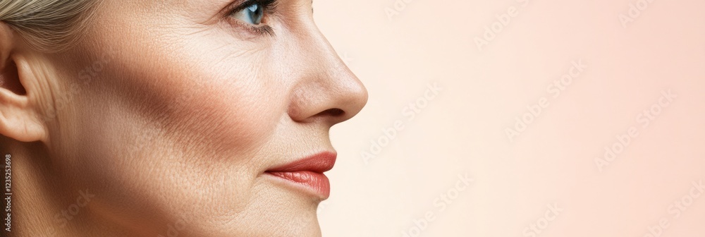 Poster contrasting signs of aging and youthfulness displayed on two faces in a soft pastel background. gene