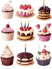 Birthday cakes set. Party cake, anniversary candles cupcake. Homemade celebration cream food, flat party decoration recent elements