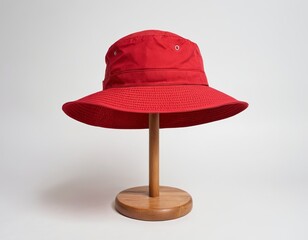 A vibrant red bucket hat displayed on a wooden stand, showcasing its unique design and structure.