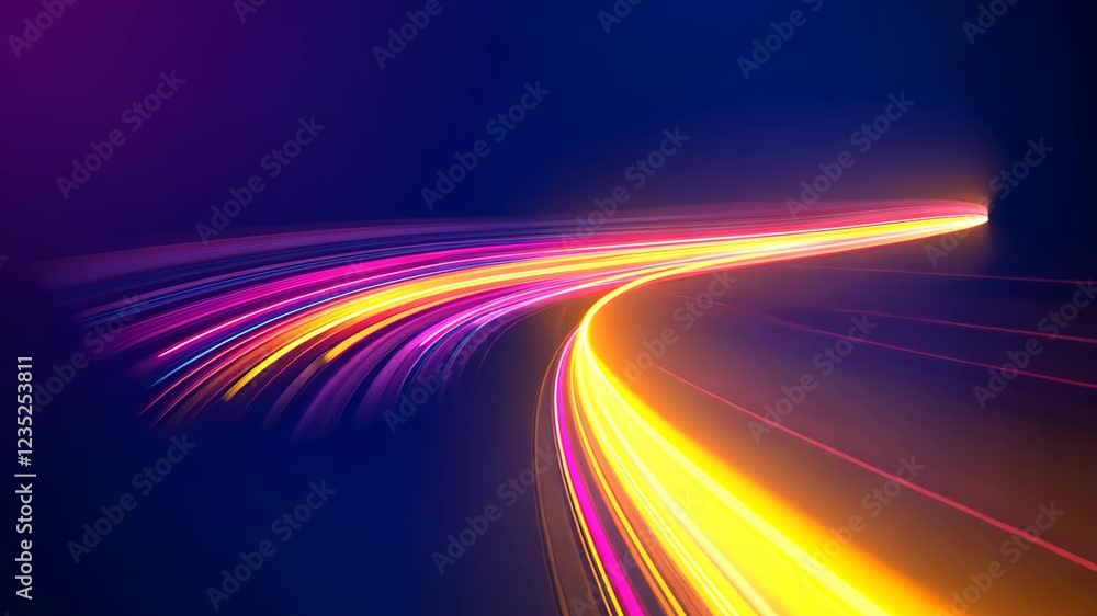 Poster futuristic neon laser light tunnel with abstract glowing curves and vibrant colors in a dynamic 2d i
