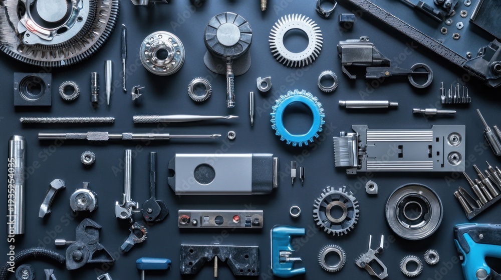 Poster precision engineered parts and tools arranged aesthetically