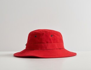 A vibrant red bucket hat displayed against a clean, neutral backdrop.