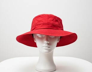 Stylish red bucket hat displayed on a white mannequin head.