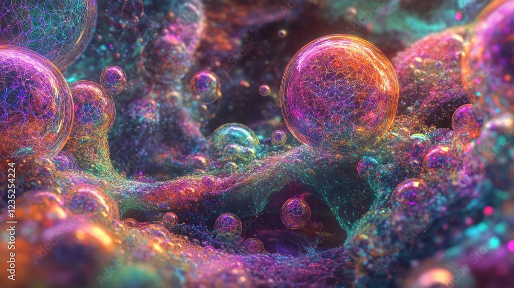 Poster vibrant iridescent spheres float in a cosmic nebula
