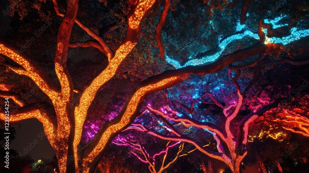 Poster illuminated trees displaying festive holiday lights