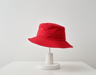 A vibrant red bucket hat displayed elegantly on a white pedestal against a minimalistic background.