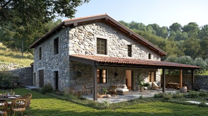 Stone Farmhouse With Covered Patio And Lush Green Lawn