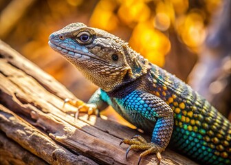 Obraz premium Arizona Spiny Lizard Camouflaged in Cracked Log - Bokeh Background Stock Photo